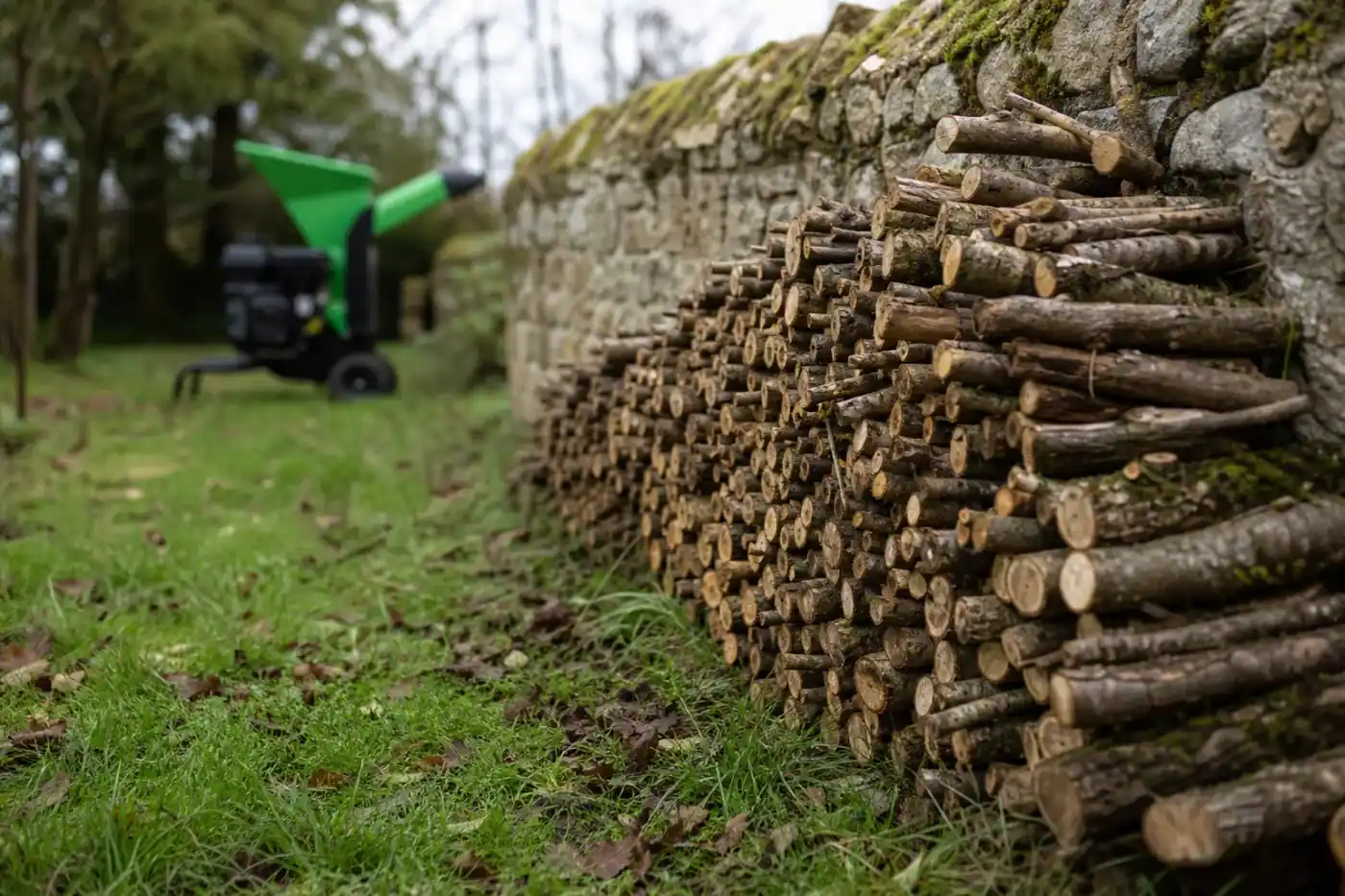 Rangée de billons de bois calibrés empilés le long d'un muret de granit, broyeur de végétaux en arrière-plan flou.
