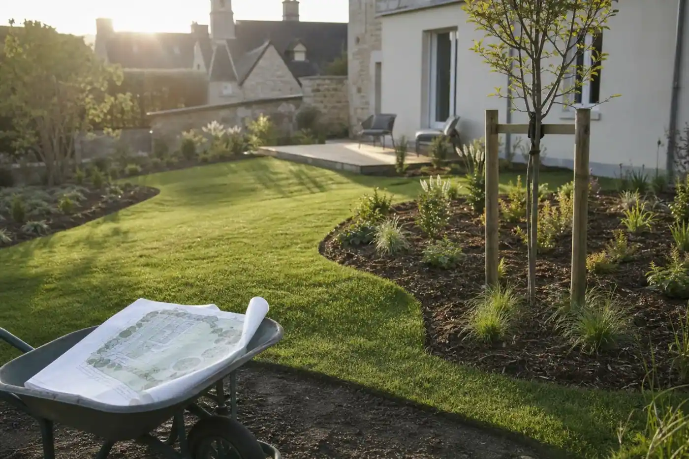 Jardin de particulier fraîchement créé à Alençon : jeunes massifs paillés en courbes, pelouse neuve, petit arbre tuteuré, terrasse en fond, plan du jardin roulé posé sur une brouette au premier plan, lumière dorée de fin d'après-midi.
