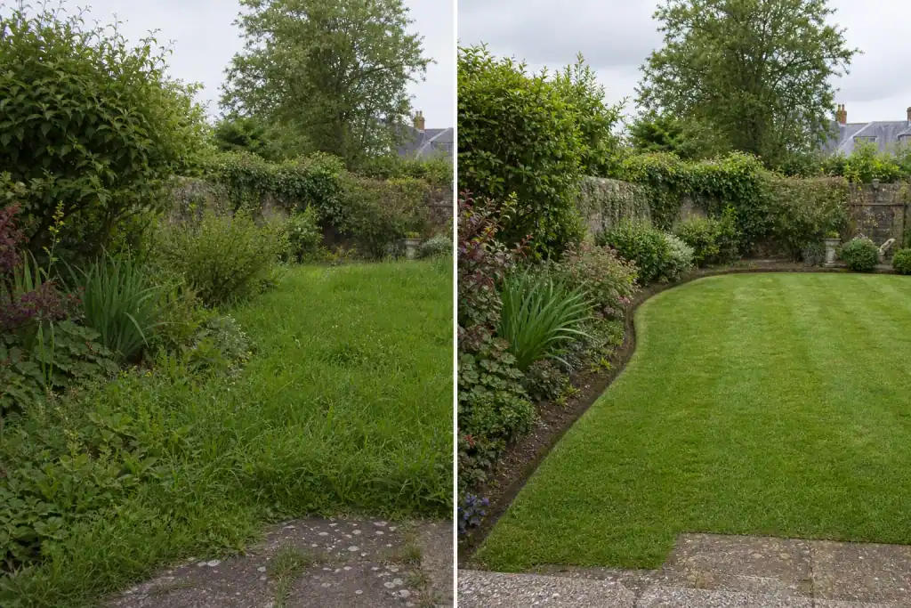Bande avant/après d'un même jardin de faubourg alençonnais : à gauche pelouse haute et massif envahi, à droite pelouse tondue net et bordure au cordeau, même angle, même lumière.