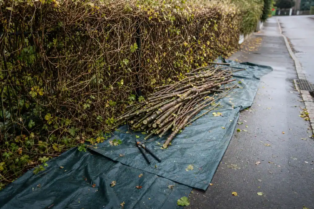 Bâche de récupération au pied d'une haie en cours de taille, branchages calibrés prêts au broyage, sécateur posé, trottoir propre à côté.