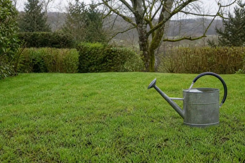 Pelouse regarnie en cours de reprise : jeunes brins denses au premier plan, arrosoir posé, ambiance de printemps normand après la pluie.