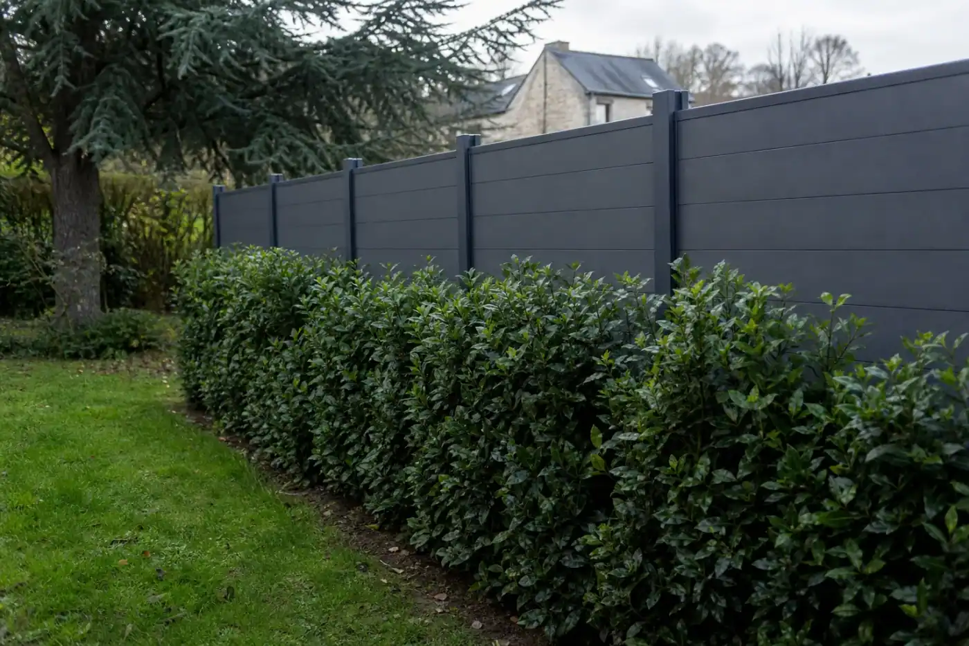 Brise-vue en panneaux doublé d'une jeune haie persistante démarrant à son pied, dans un jardin de l'Orne.