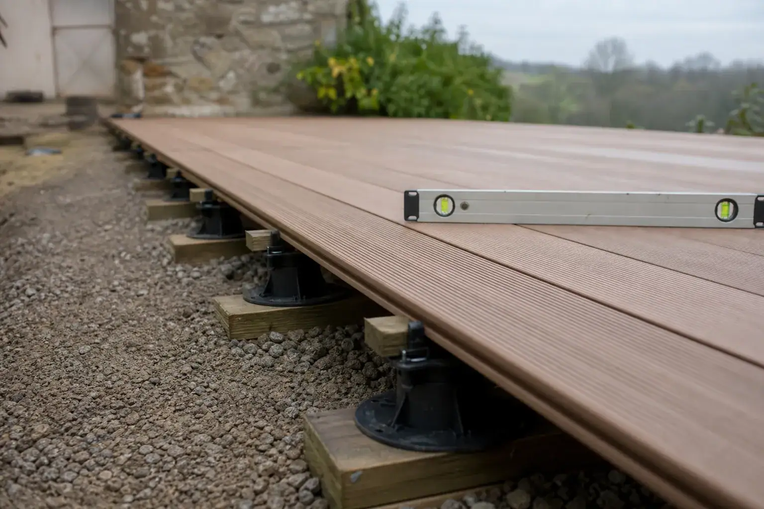 Lames de terrasse vissées sur lambourdes réglées de niveau, niveau à bulle posé dessus, lit de grave compacté visible sur le côté.