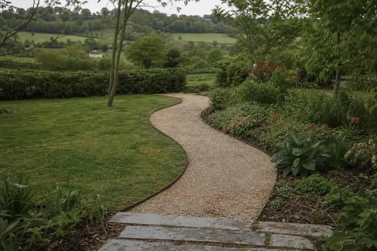 Allée de gravier stabilisé serpentant entre pelouse et massifs dans un jardin du secteur d'Alençon, bordures acier posées net, pas japonais en amorce, bocage normand en arrière-plan, lumière douce.