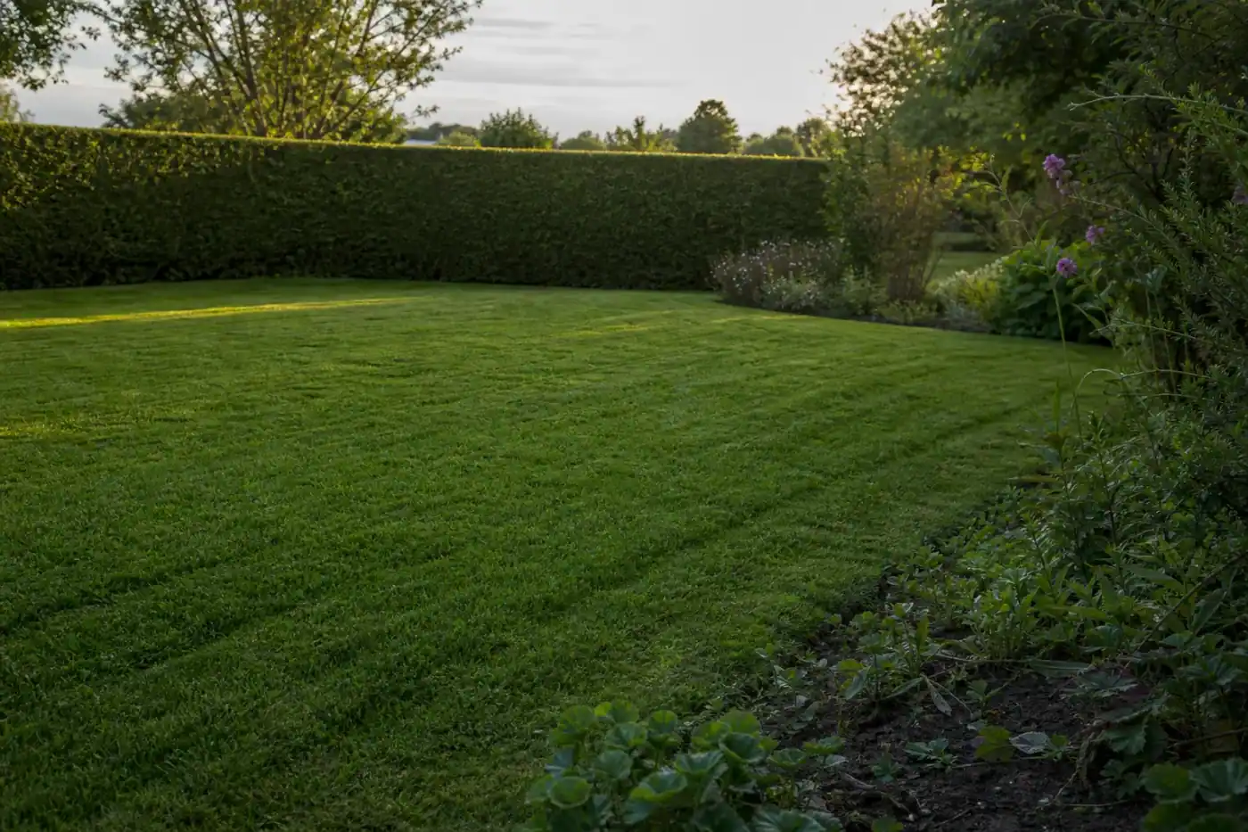 Jardin de particulier alençonnais en fin de journée : pelouse dense fraîchement tondue avec traces de coupe, haie de charmille taillée net à l'arrière, bordure de massif propre au premier plan, lumière rasante douce et humide typique du bocage normand, aucune personne visible.
