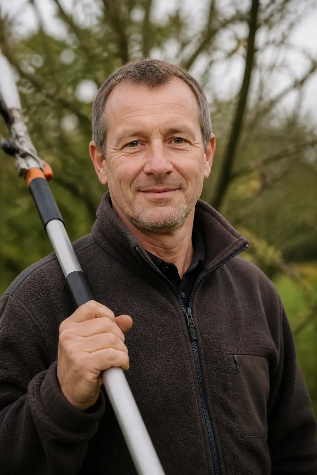 Portrait d'un homme d'une cinquantaine d'années, veste polaire de travail, une perche d'élagage à la main, arbre fruitier de jardin flou derrière lui, sourire discret, cadrage buste, lumière chaude.