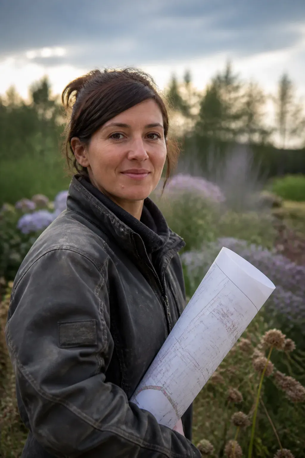 Portrait en extérieur d'une femme d'une trentaine d'années, veste de travail, un plan de jardin roulé à la main, massif fleuri de vivaces flou derrière elle, expression posée et avenante, cadrage buste, lumière de fin de journée.