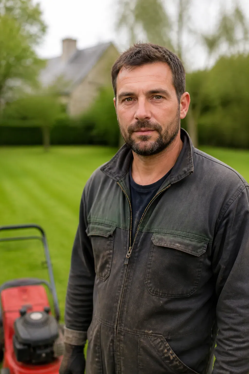 Portrait d'un homme d'une trentaine d'années en tenue de jardinier, debout près d'une tondeuse thermique, pelouse fraîchement tondue en arrière-plan flou, regard franc, cadrage buste, ambiance de matinée claire.